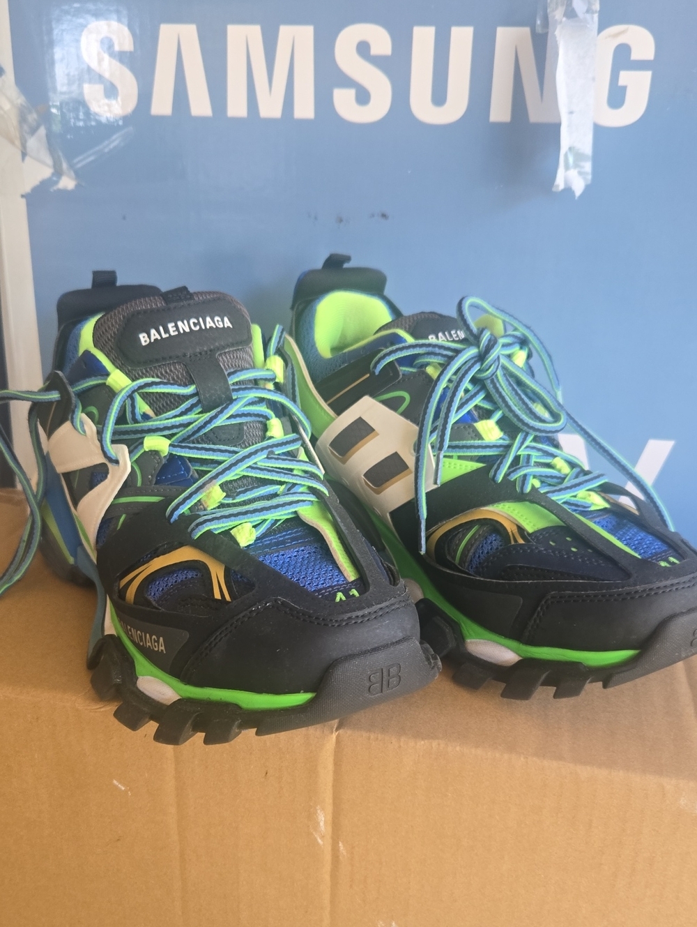 Balenciaga Men's Navy, Neon Green & Blue Trail Sneakers